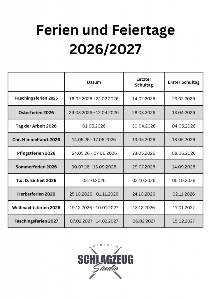 Ferienkalender für den Schlagzeugunterricht Mannheim 2026